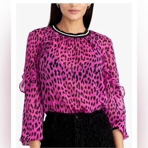🩷 RACHEL RACHEL ROY Pink and Black Ruffled Sleeve
Leopard Print Top - Size 8